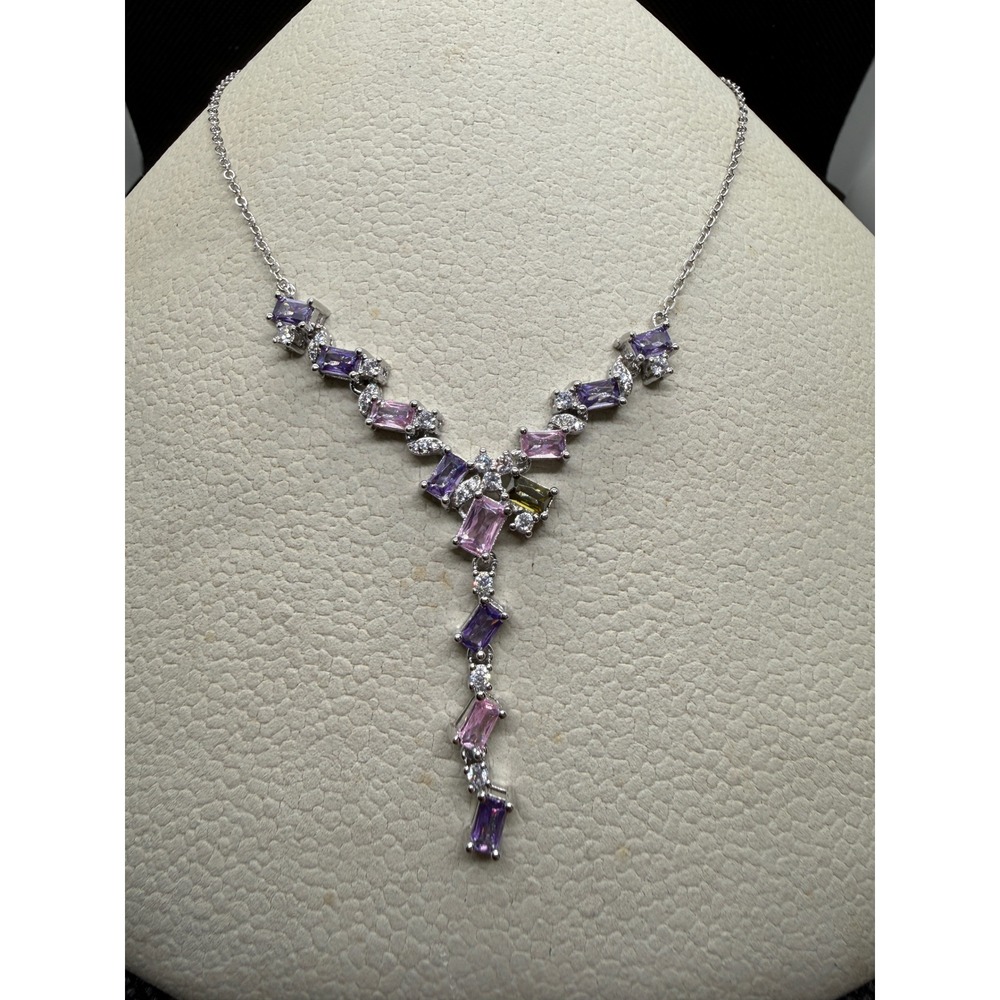 Silver Tone Multi Color Baguette CZ Y-Drop Necklace Purple Pink Clear